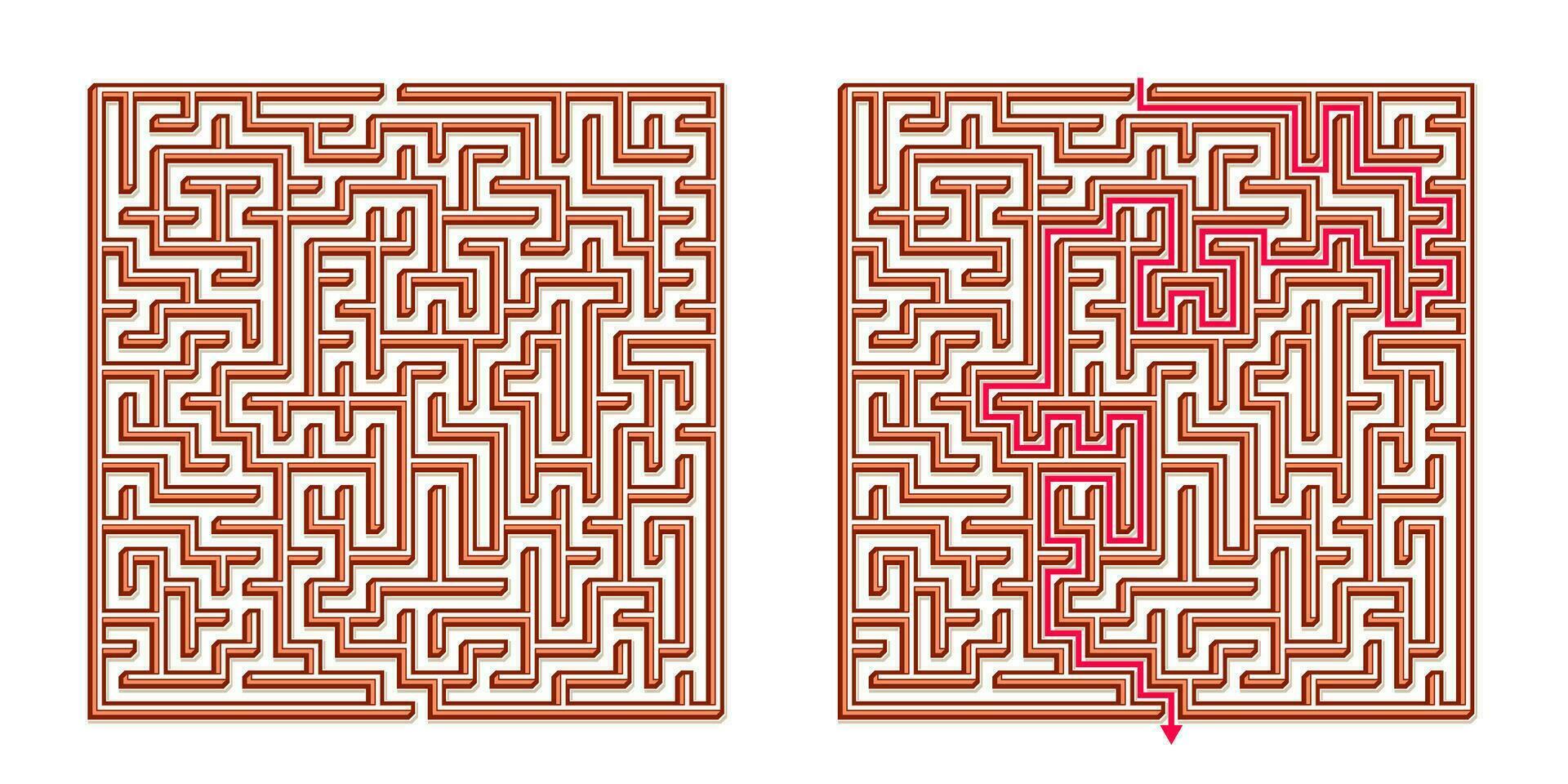 Vector 3D Isometric Easy Square Maze - Labyrinth with Included Solution. Funny Educational Mind Game for Coordination, Problems Solving, Decision Making Skills Test.