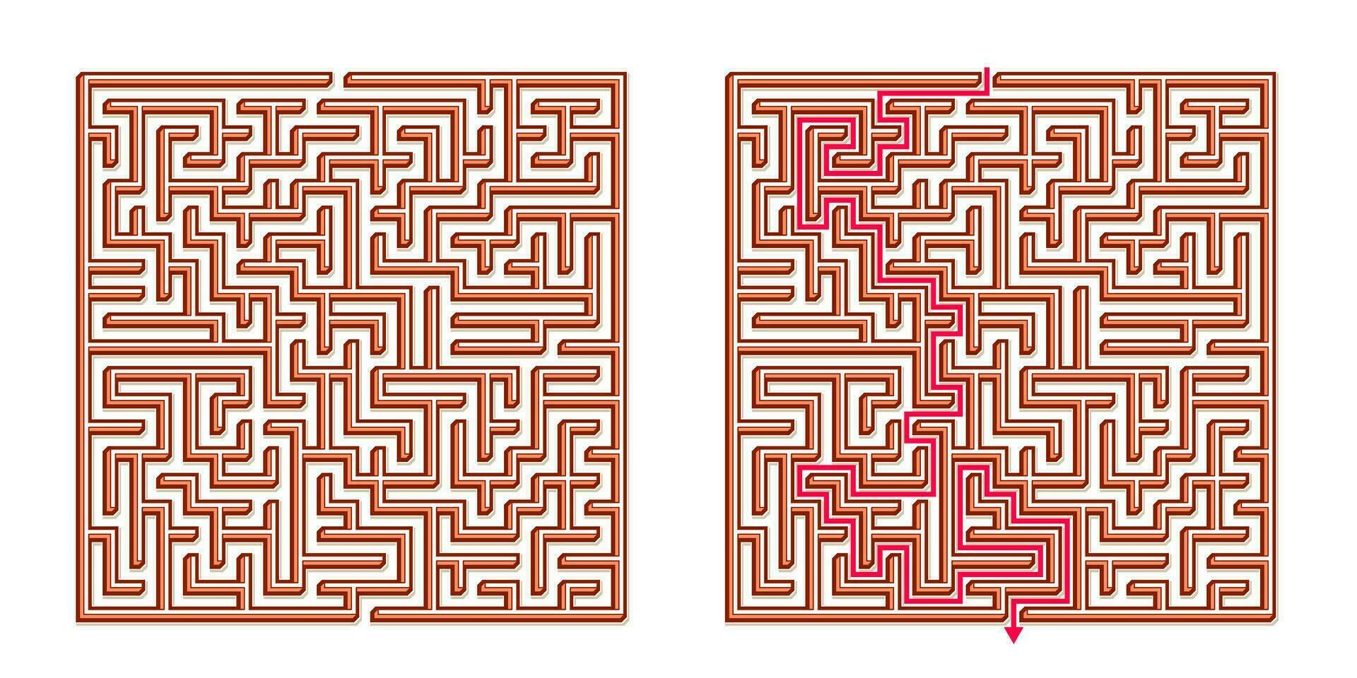 Vector 3D Isometric Easy Square Maze - Labyrinth with Included Solution. Funny Educational Mind Game for Coordination, Problems Solving, Decision Making Skills Test.