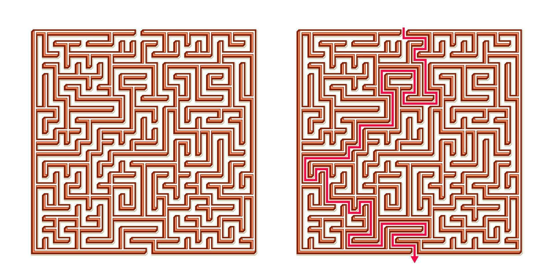 Vector 3D Isometric Easy Square Maze - Labyrinth with Included Solution. Funny Educational Mind Game for Coordination, Problems Solving, Decision Making Skills Test.