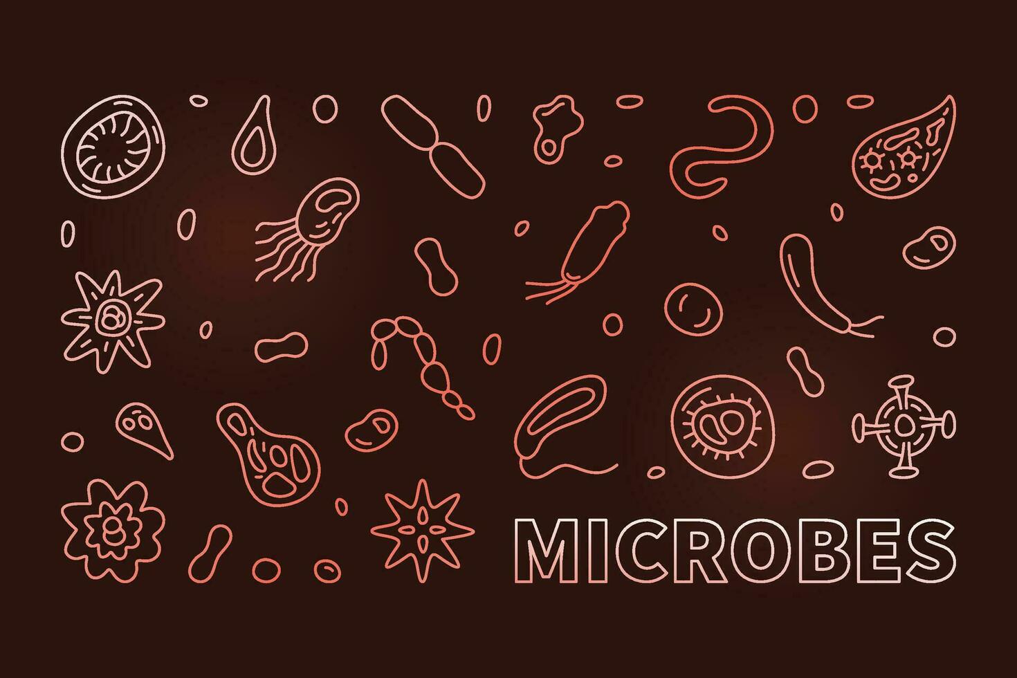 Microbes vector Micro Biology concept outline colored horizontal banner or illustration with microbe outline signs