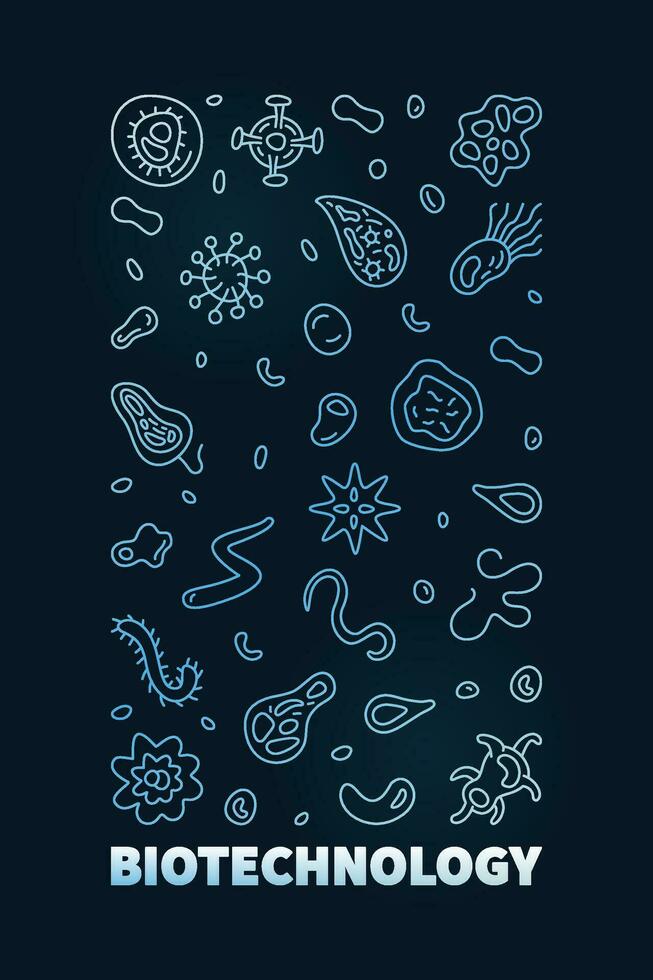 Biotechnology Science concept vector blue vertical banner or illustration in thin line style