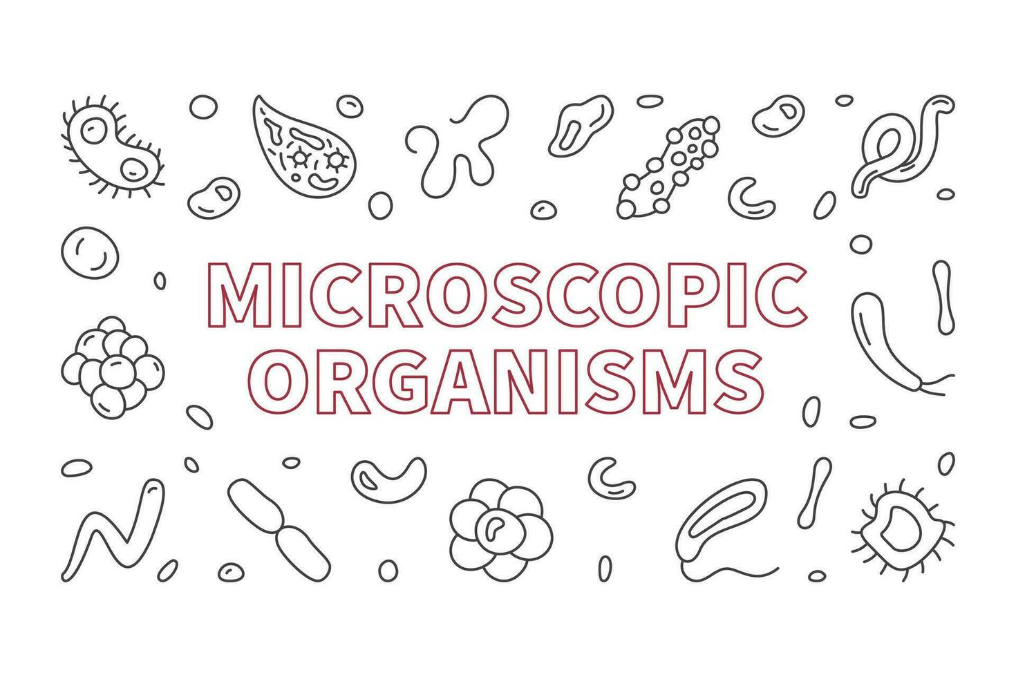 Microscopic Organisms vector Bacteriology line horizontal banner - Microorganism illustration