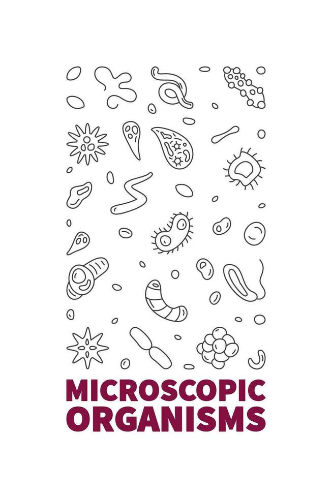 Microscopic Organisms vector Microbiology concept line vertical banner - Microorganisms illustration