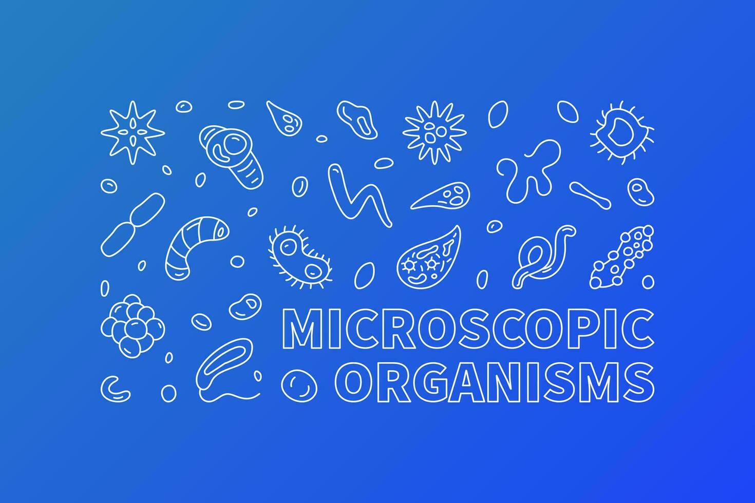 Microscopic Organisms vector Microbiology blue outline horizontal banner - Microorganisms illustration