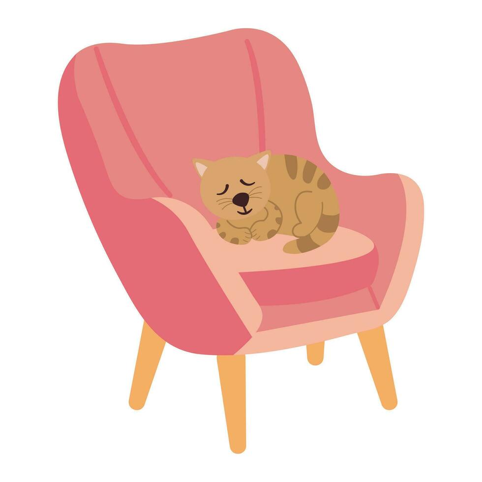 Hand-drawn chair with a sleeping cat. White background, isolate. vector