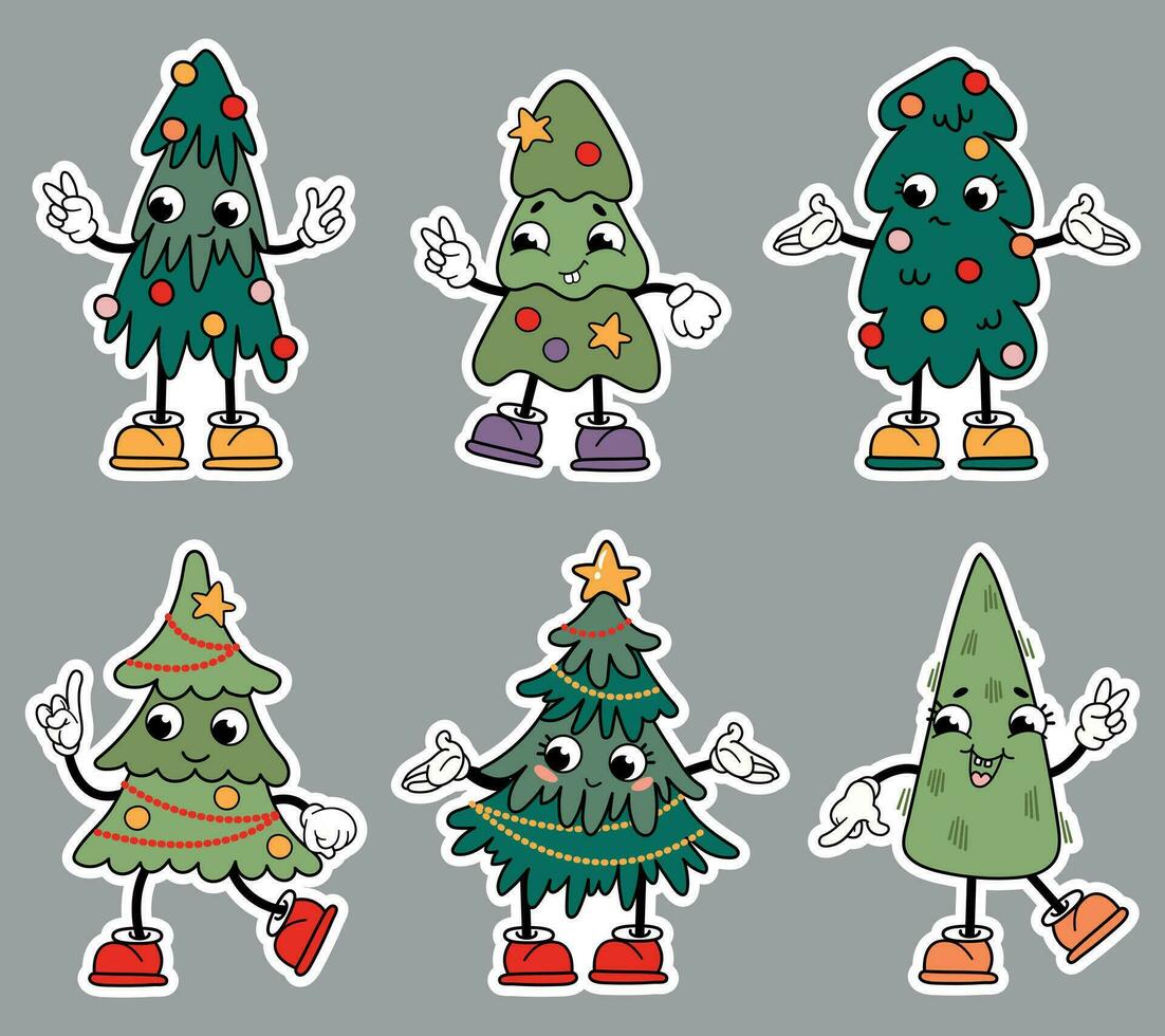 Kawaii Christmas Tree stickers set. vector