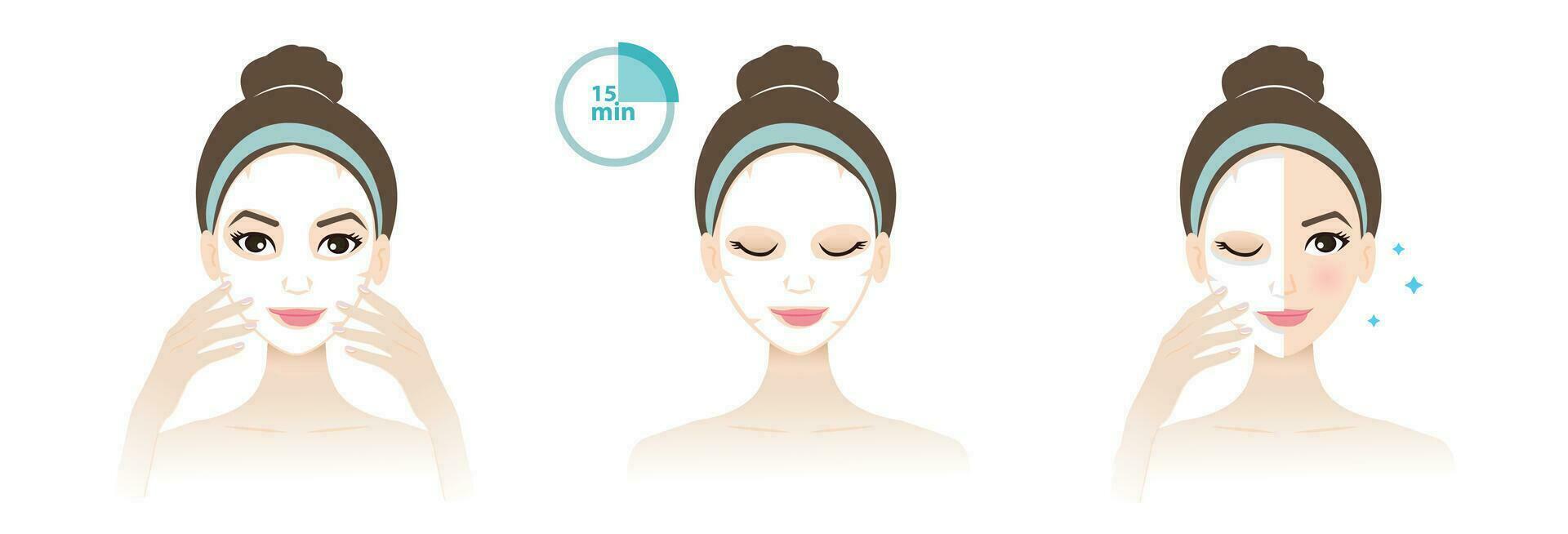 Direction for use facial sheet mask on face vector illustration isolated on white background. Cute woman apply sheet mask on skin, leave it for 15 minutes, remove it and reveal beauty skin.