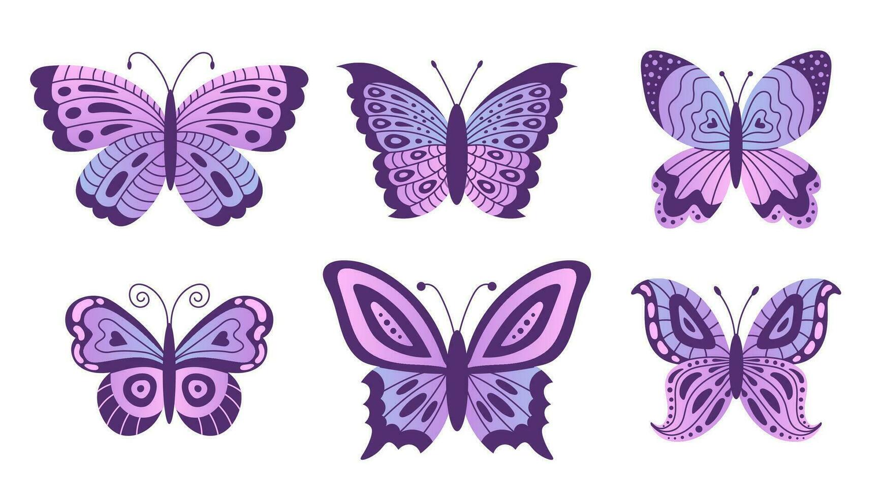 púrpura mariposas garabatear conjunto vector