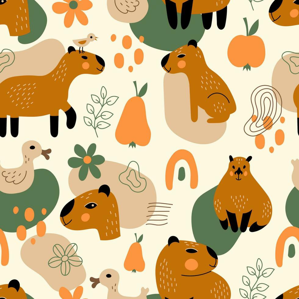 Modern capybara seamless pattern with organic shapes and doodles vector