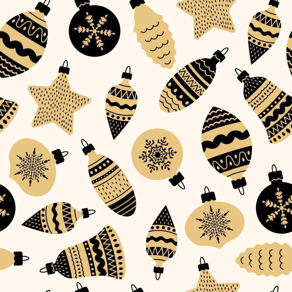 Golden Christmas baubles seamless pattern in doodle style vector