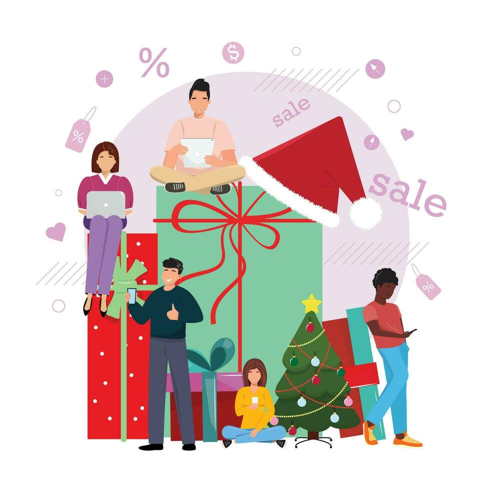 Group of diverse people using their devices and ordering gifts online. Big gift boxes in the background. Christmas illustration. vector