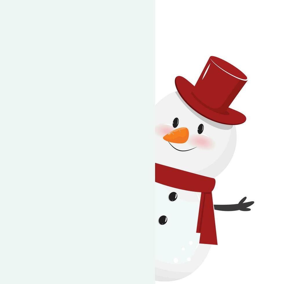 nieve hombre detrás un blanco bandera. modelo para Navidad pancartas, tarjetas, invitaciones, deseo lista vector