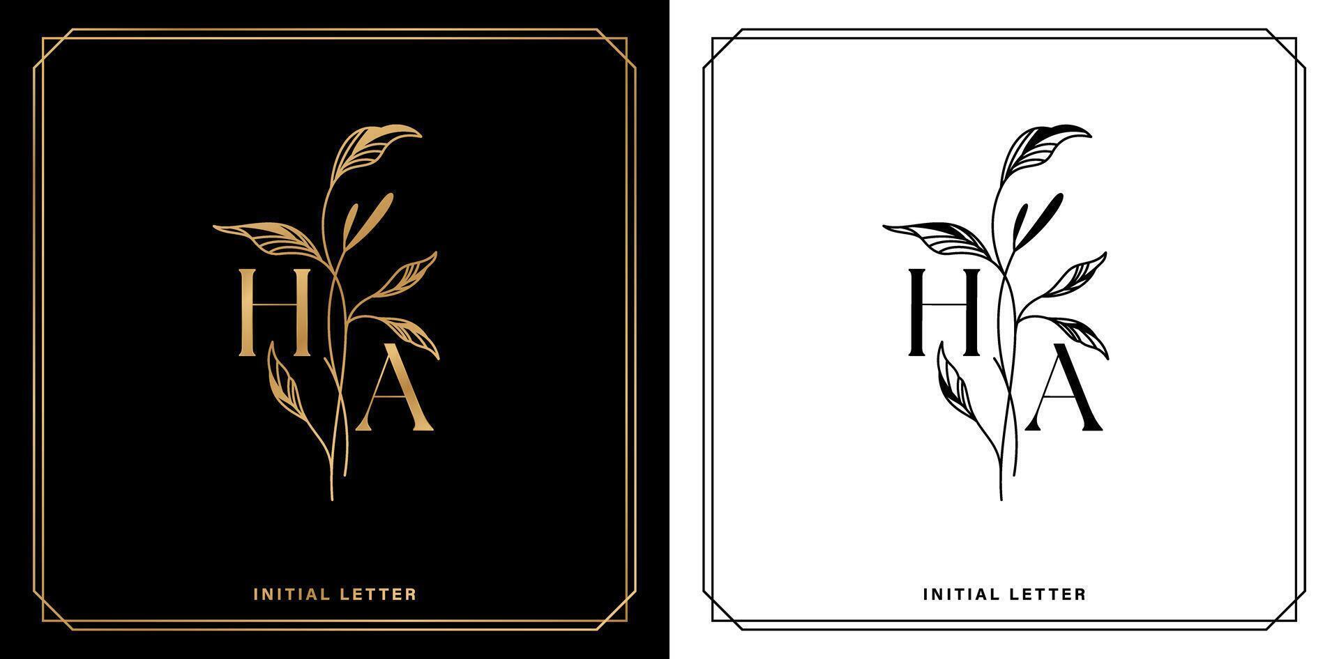 elegante letra decir ah logo diseño en oro y negro colores con hoja ornamental frontera aislado antecedentes para marca negocio, empresa identidad, anuncio materiales, collages huellas dactilares, anuncios campañas vector