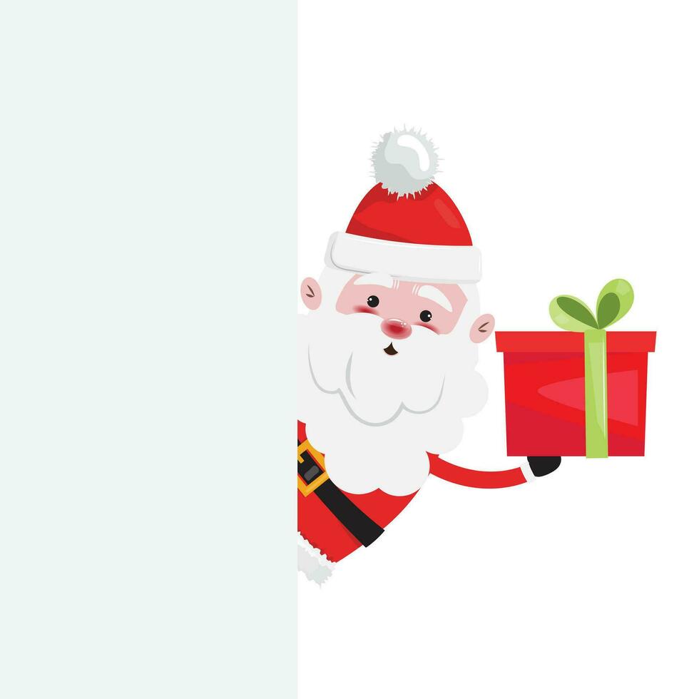 Navidad ilustración con un blanco bandera y Papa Noel claus en pie detrás eso y demostración un rojo regalo caja vector