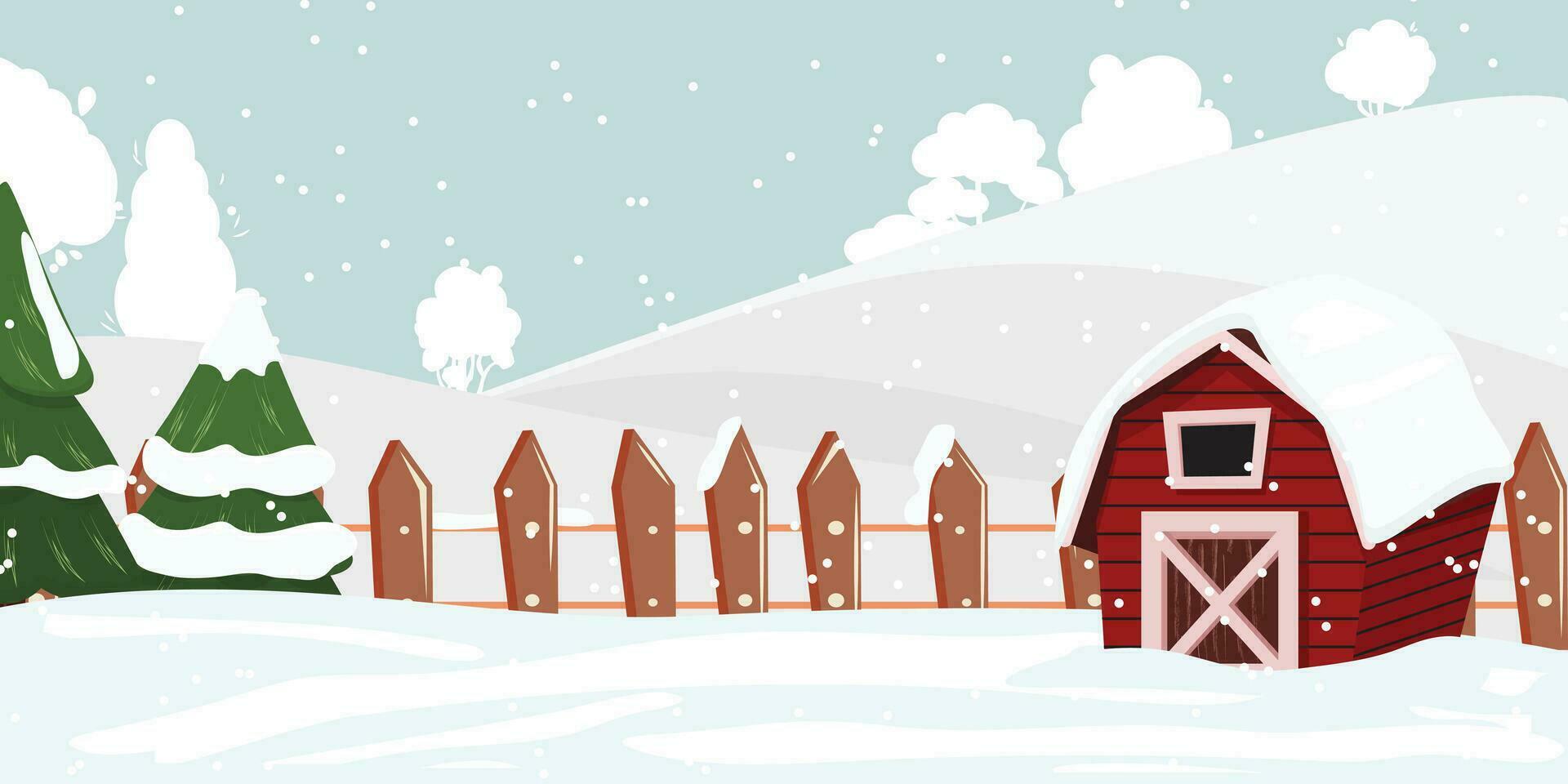 Winter illustration of a red barn in the snow, fir trees. Outdoor snowing vector