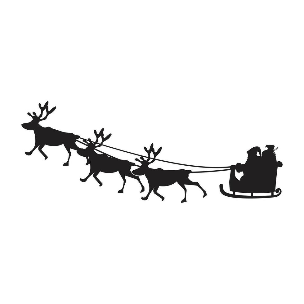 Black silhouette of a Santa Claus riding in a sleigh and reindeer pulling it vector