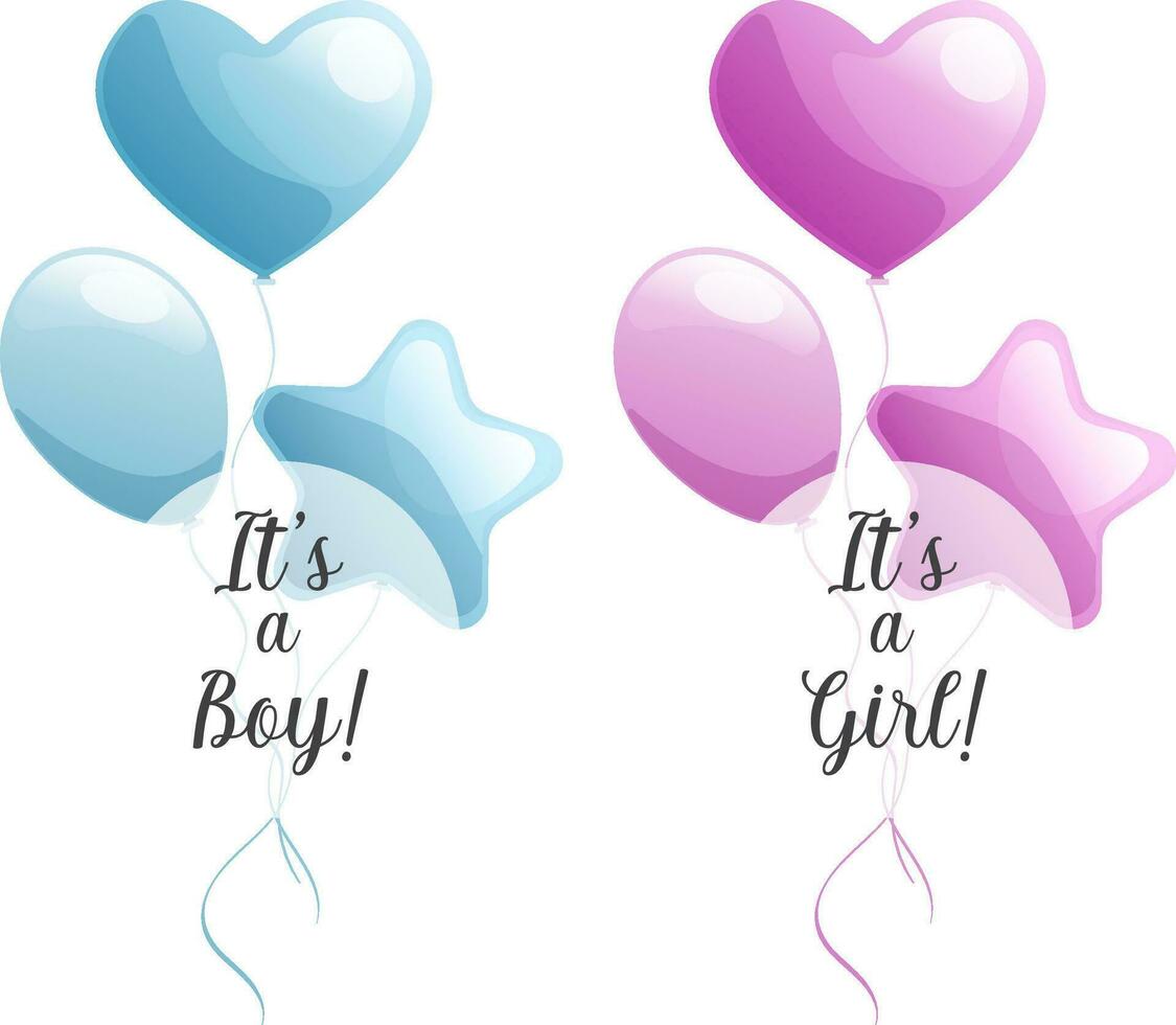 Two bunch of flat style pink and blue balloons with text it's a boy it's a girl on ribbons vector