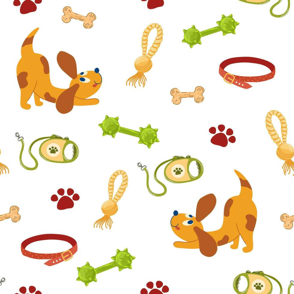 Dogs accessories seamless pattern. Pet shop assortment, store supply items for domestic pets, toys, collars and feed. Vector hand draw illustration.