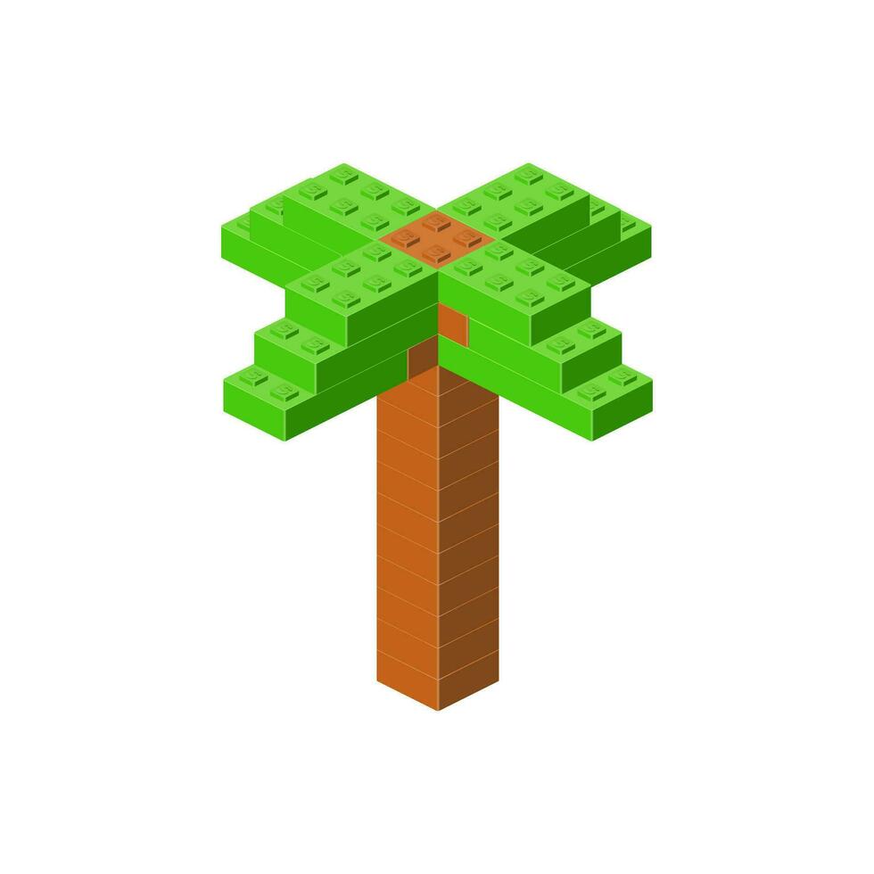 Palm tree in isometry. Toy made of plastic blocks. Vector illustration. Pixel art