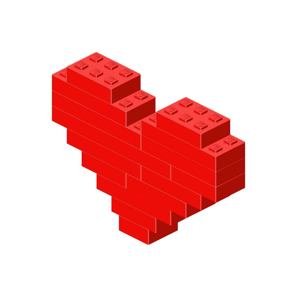 Heart in isometry assembled from bricks. Vector illustration. Pixel art