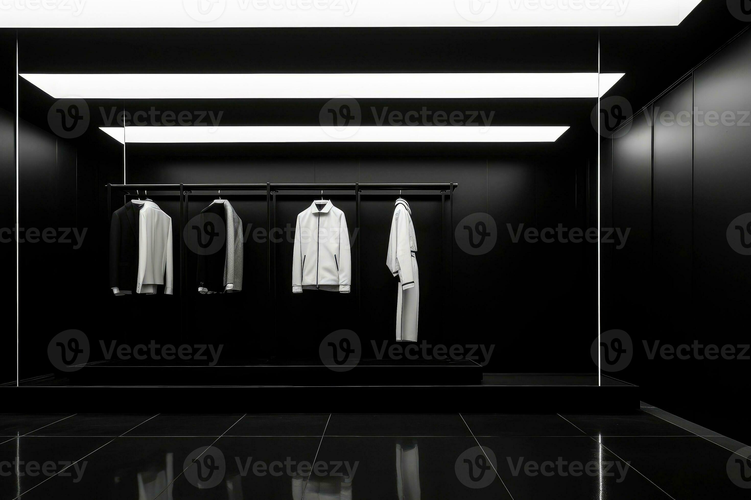 luxury and fashionable brand new interior of cloth store with neon dark  background, advertising of black friday cheap clothes, Generative AI  illustration 29696380 Stock Photo at Vecteezy
