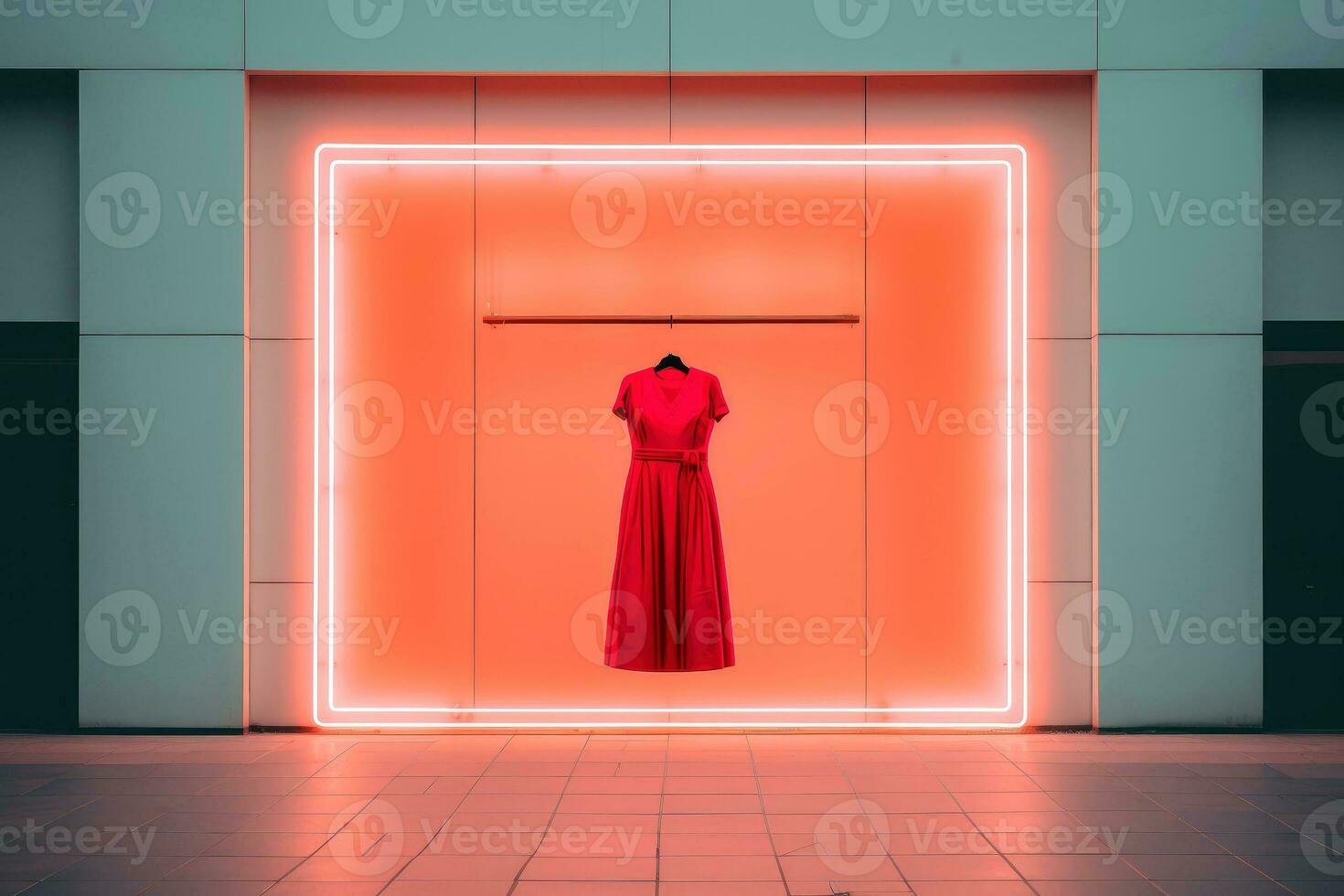 luxury and fashionable brand new interior of cloth store with neon dark background, advertising of black friday cheap clothes, Generative AI illustration photo