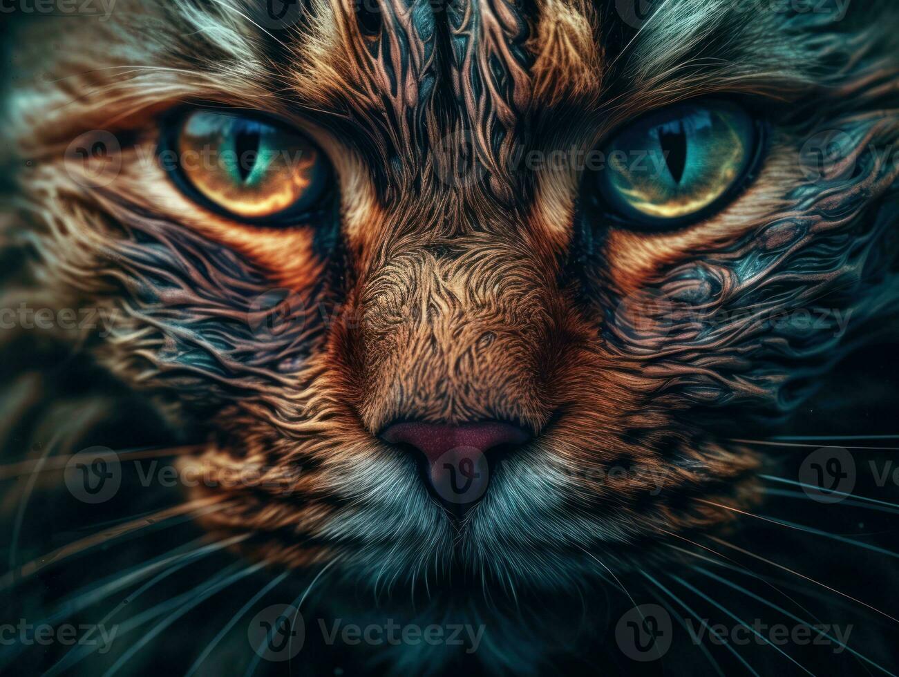 Surreal cat portrait close up created with Generative AI technology photo