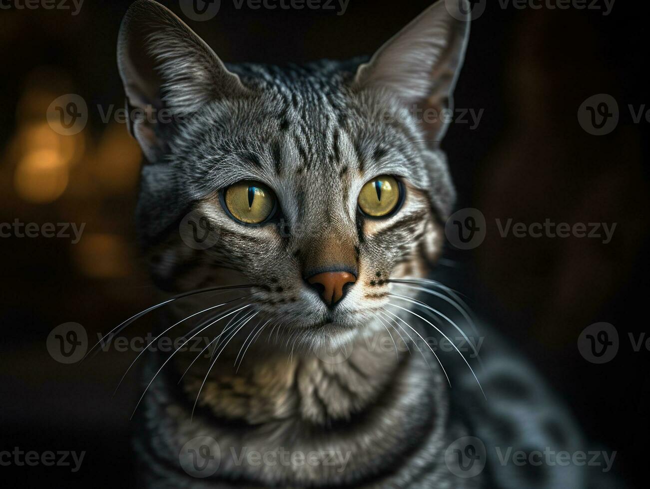 Egyptian mau cat portrait close up created with Generative AI technology photo