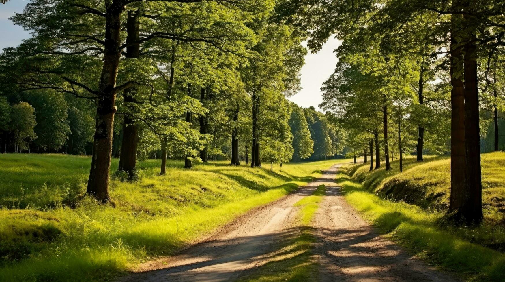 Path way through the autumnal forest natural way, road to the tropical forest field, relaxing with ecological environment, freedom lifestyle concept, Generative AI illustration photo