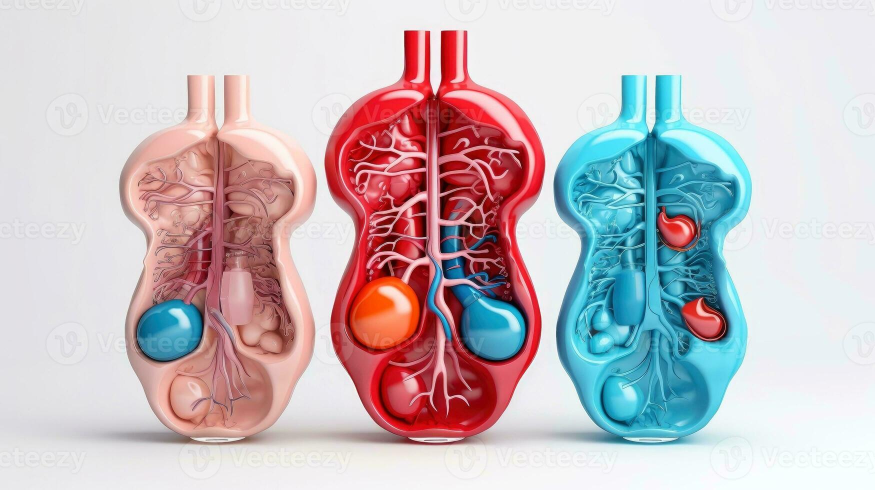 3D illustration mockup of the human organ system, Anatomy, Nervous, circulatory, digestive, excretory, urinary,and bone systems. Medical education concept, Generative AI illustration photo