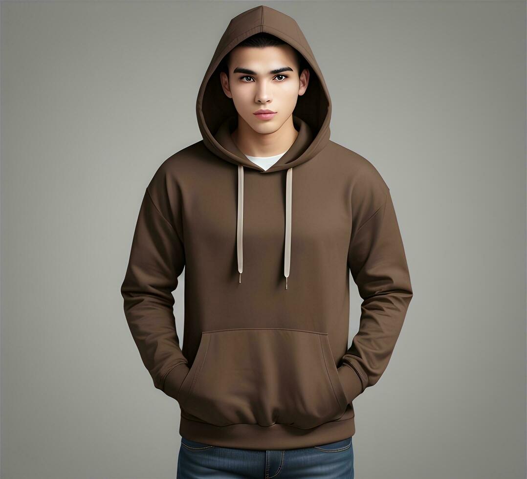 Young man wearing blank brown hoodie mockup print presentation mockup ai generate photo