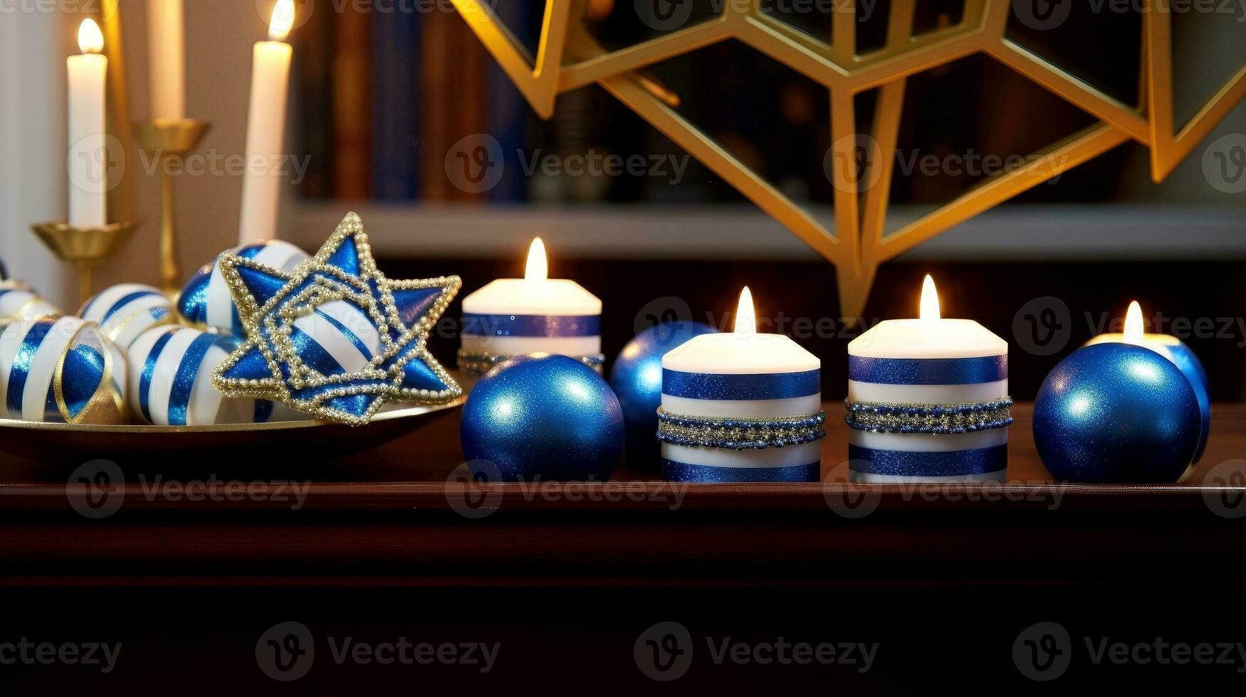 Hanukkah festive celebration concept, glow of the menorah with shining candles and star, Generative AI illustration photo