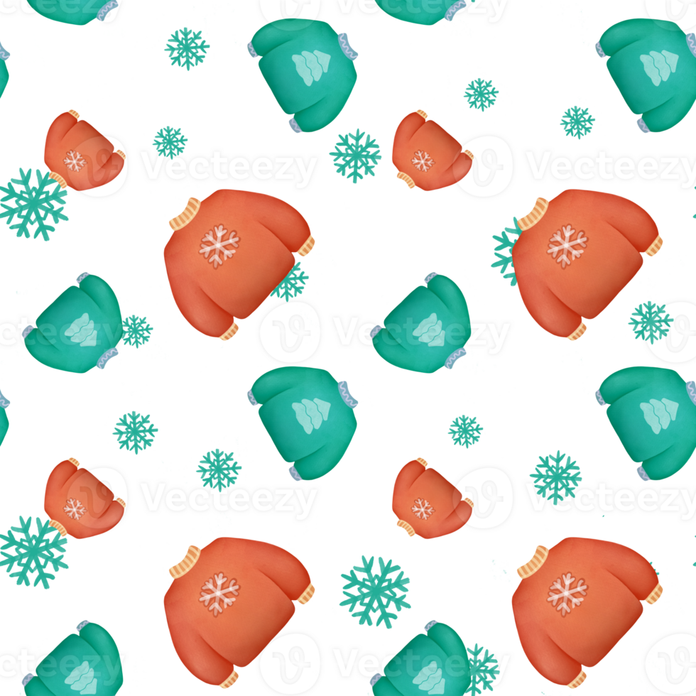 Warm knitted woolen Sweater, snowflakes seamless pattern. cozy festive, new year's clothing outfit. cute childish garment Christmas Watercolor background  for packaging paper, fabrics, wrapping gifts png