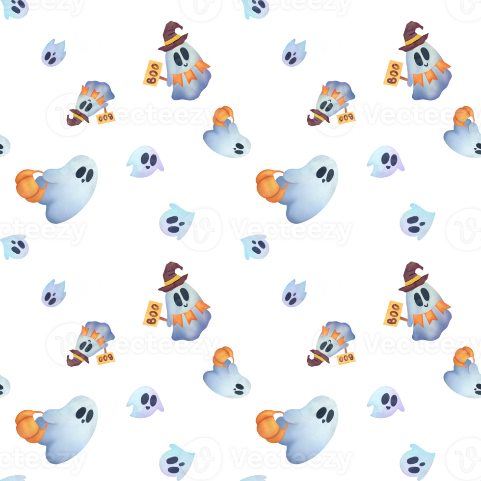 cute Ghost, pumpkin seamless pattern background. Childish Watercolor hand drawn illustration for holiday cards, invitations to happy Halloween party, packaging paper, fabrics, wrapping gifts png