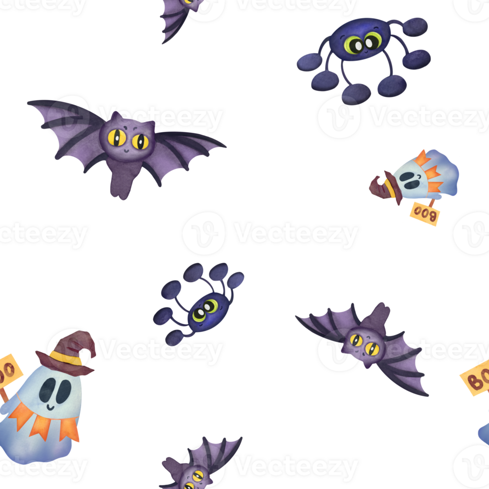 cute watercolor bat, ghost, spider seamless pattern. All Saints' Day, Halloween scary background wallpaper. childish print for holiday gift wrapping, napkins, fabrics, packaging paper png