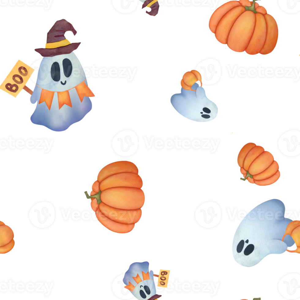 cute Ghost seamless pattern background. Childish Watercolor hand drawn illustration for holiday cards, invitations to happy Halloween party, packaging paper, fabrics, wrapping gifts, stickers png