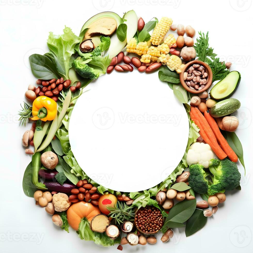 Circle decorated vegan background with various colorful vegetables  ai generative photo