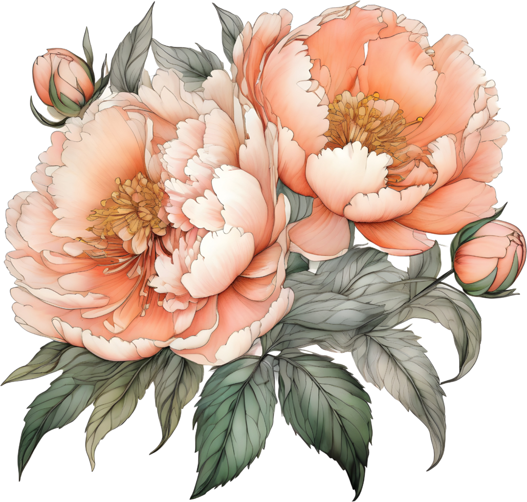 Picture of many peonies Chinese watercolor style. AI-generated. png