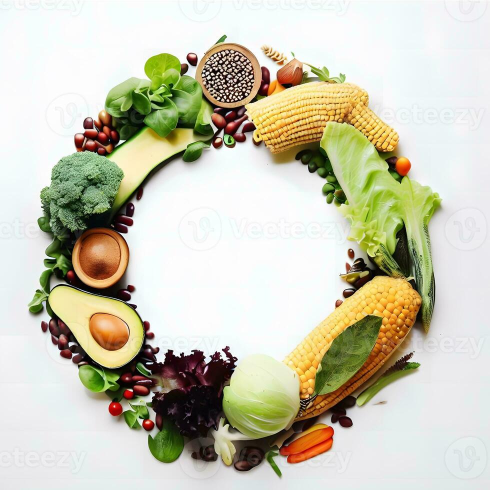 Circle decorated vegan background with various colorful vegetables  ai generative photo