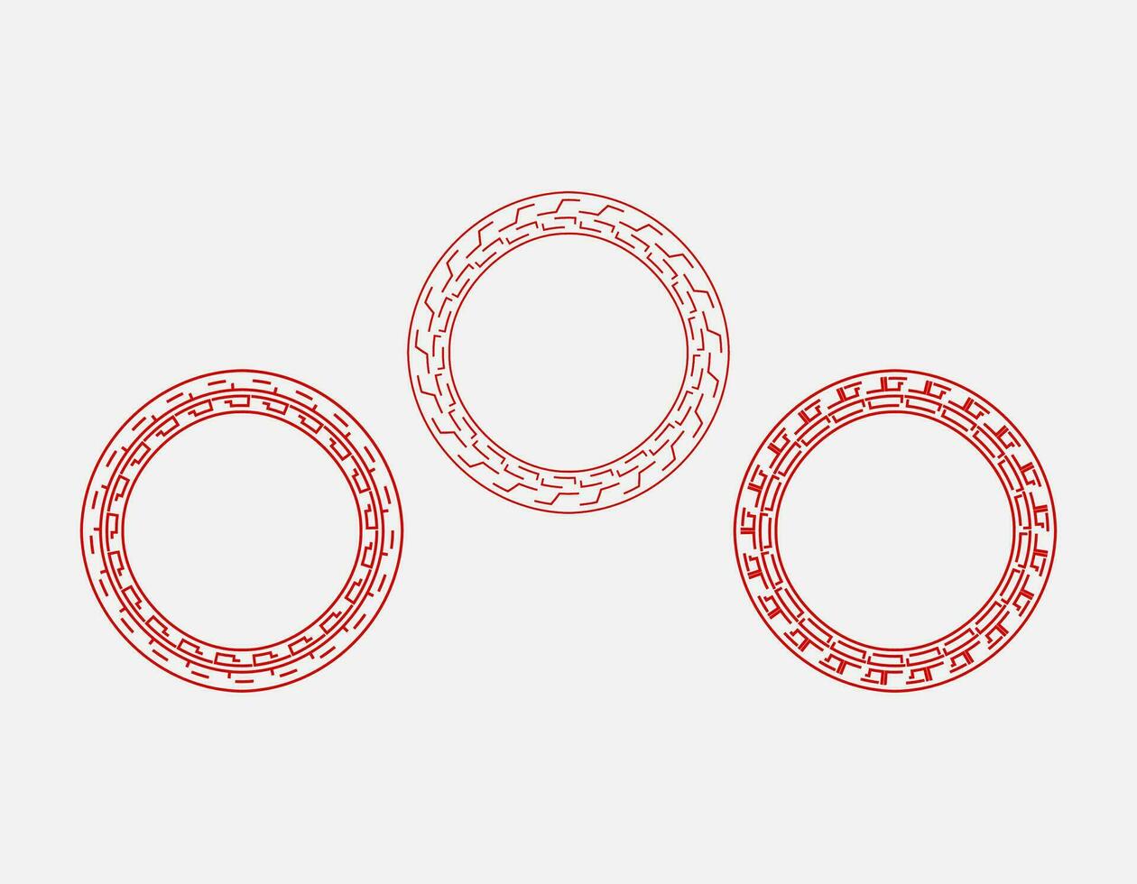 Red halftone round frame. Set of three red abstract line art patterns in circle form. Collection of simple round decorative ornamental border suitable for vintage design. vector