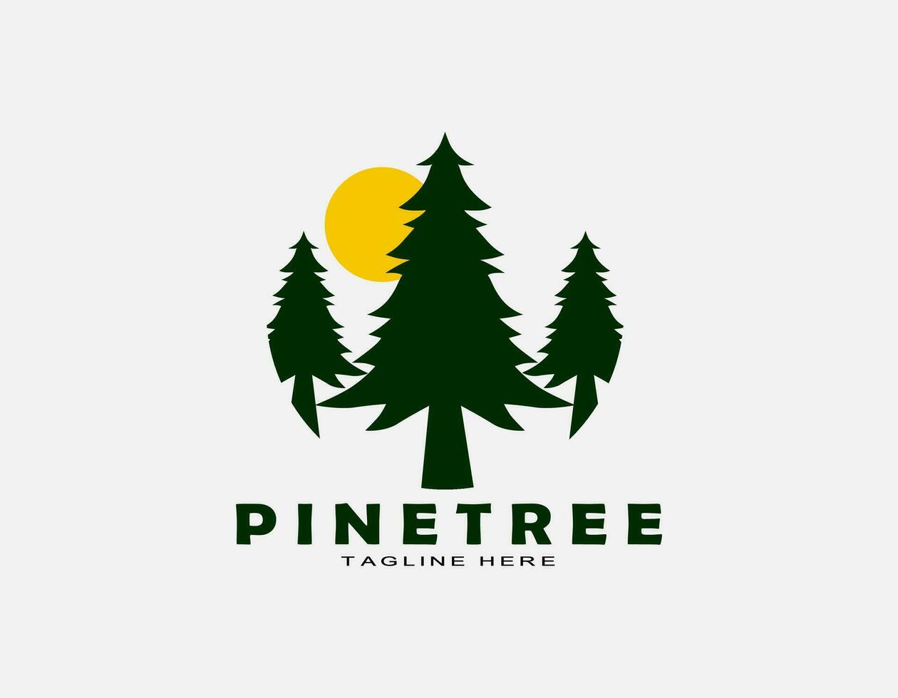 Triple pine trees with sun. Simple design logo with green that suitable for forest, travel, adventure, wildlife. vector