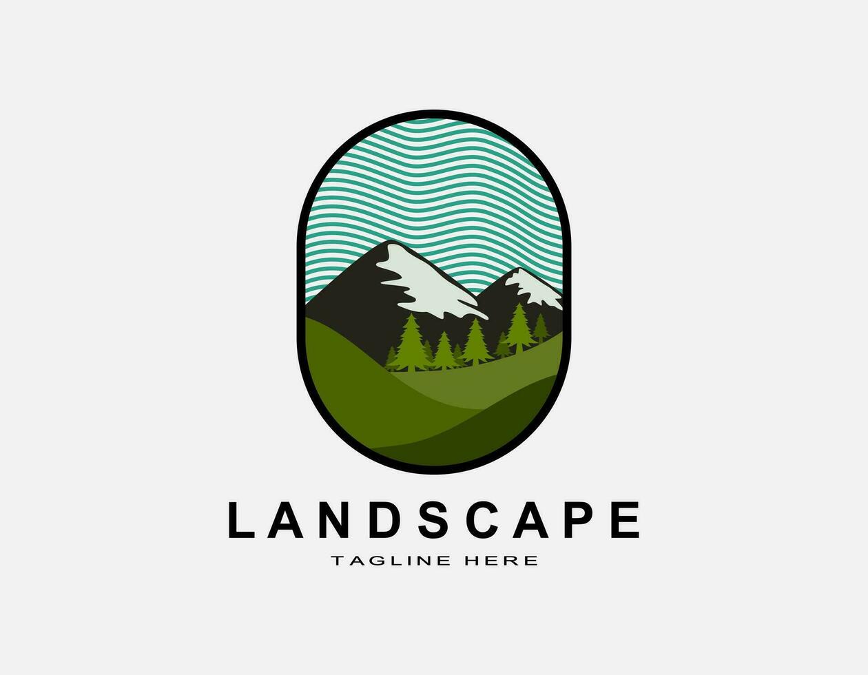 Beautiful landscape logo isolated by black line. Two mountains with pine trees and wavy lines as a sky. Minimal design suitable for wildlife, adventure, travel. vector