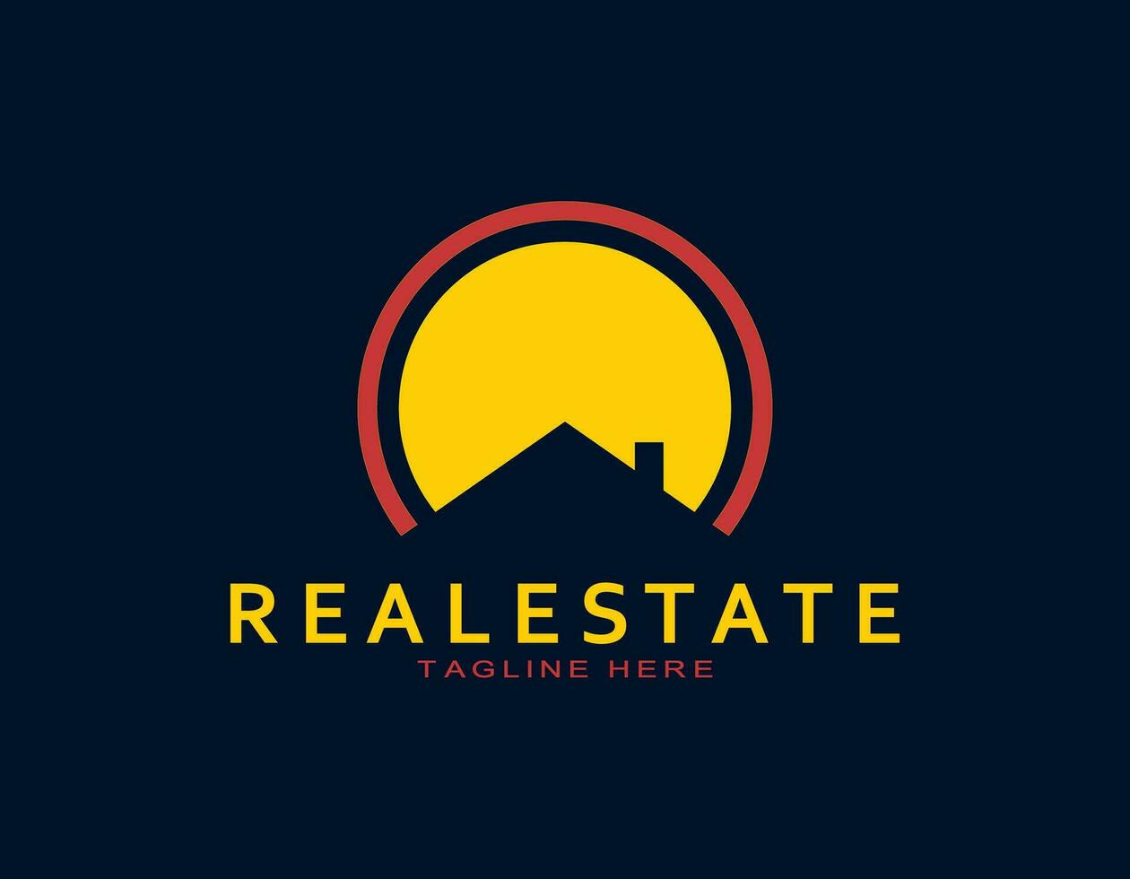 Creative real estate logo in yellow and red. A half-circle that forms a roof of house and chimney. Vector for company, architecture, developer, residence.