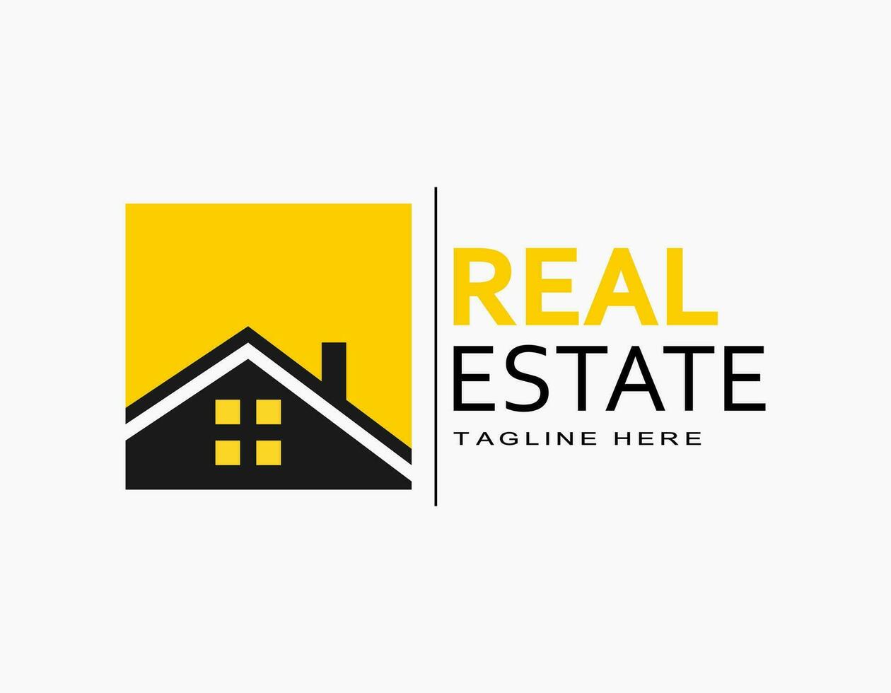 Real estate logo with yellow and black. Square icon of house with chimney. Elegant minimal vector for company, architecture, developer, residence