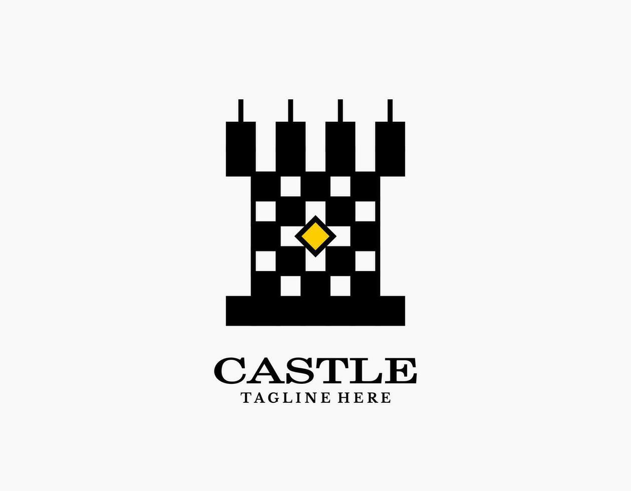 Simple castle logo icon with checkered pattern. Palace or fort design in black and white. Silhouette tower with flag. Suitable for museums, stamps, postcards. vector