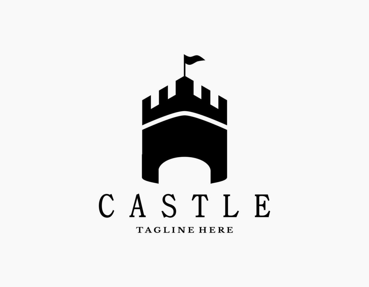 Simple castle logo icon. Elegant design of palace or fortress with black and white. Tower Silhouette with flags. Suitable for museums, stamps, postcards. vector