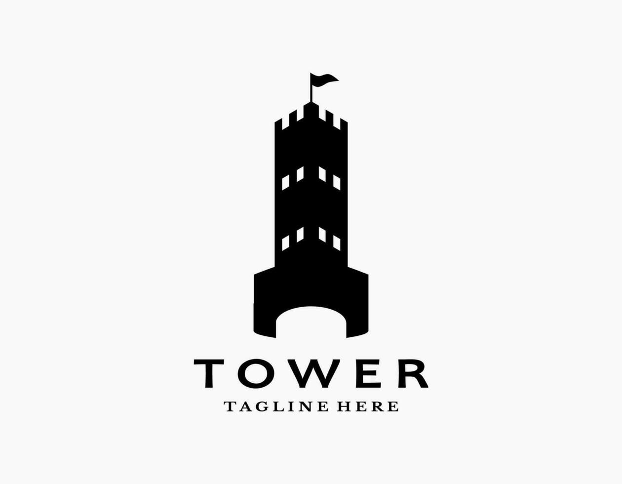 Castle tower logo icon with black and white. Silhouette of palace or fortress with flags. Suitable for museums, stamps, postcards. vector