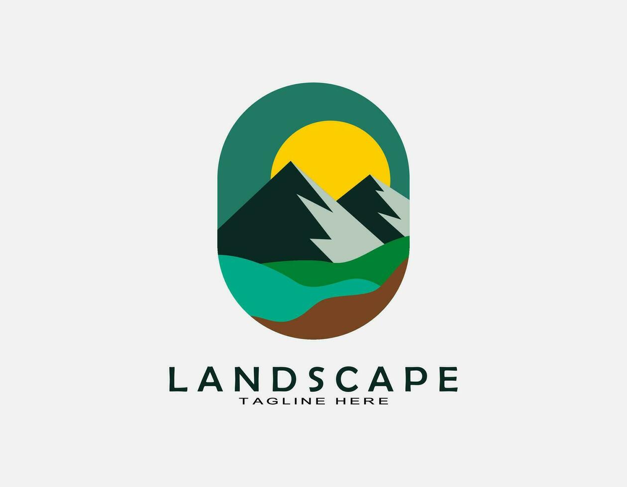 Beautiful landscape logo icon. Two mountains with sun and river. Minimal design suitable for wildlife, adventure, travel. vector