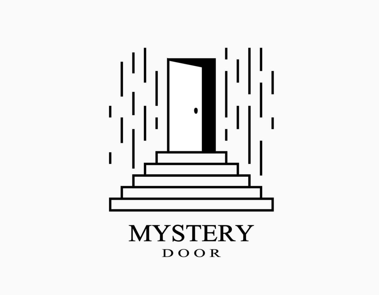 Mystery door stair icon in black and white. Entrance and portal for new world. Mystic doorway logo with stairway. vector