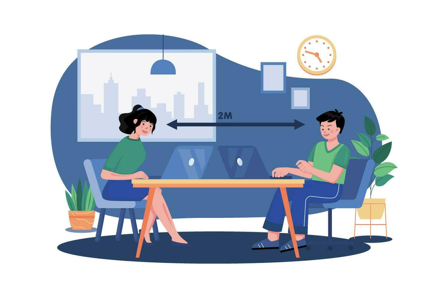 Office employee at a safe social distance vector